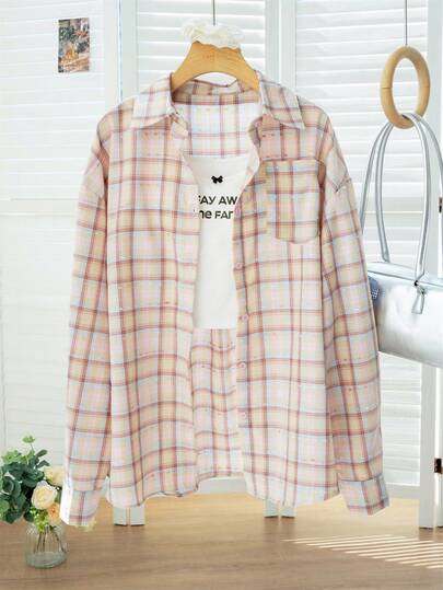 休闲百搭粉色格子衬衫，女式设计宽松修身翻领长袖轻薄上衣，秋冬新品