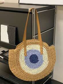Bolso de paja para mujer, bolso de mano tejido a mano, forma redonda, bolso de ratán de gran capacidad, bolso casual de playa, bandolera, bolso de paja de gran capacidad, hecho a mano, bolso de hombro para playa y viajes - Caqui - Ver 1