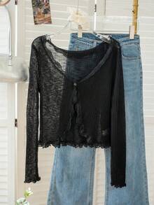 女士蓝色蕾丝边V领罩衫，可爱返校夏季披肩轻薄外套春季黑色 - 黑色 - 查看 6