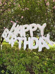 13/78 件白色“生日快乐”气球横幅配粉色小花瓣/黑色生日气球横幅无蝴蝶结，适用于生日派对装饰、房间装饰、拍照 - 白色生日搭配粉紅色小花朵 - 查看 8