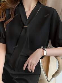 Women's Casual & Office Solid Color Tie Neck Short Sleeve Blouse