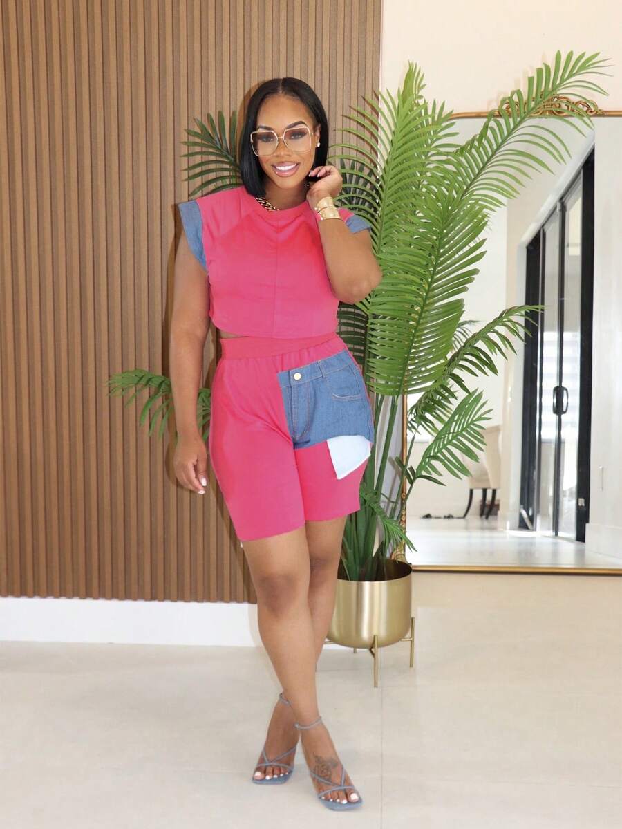 Summer Short Sleeve Patchwork Top High Waist Single Side Patchwork Pocket Shorts Set - Hot Pink - View 1