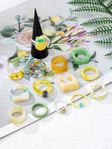 14pcs/Set Brown & Green Asymmetrical Resin Rings Multi-Element Women Daily Wear Ring Set - Yellow - View 3