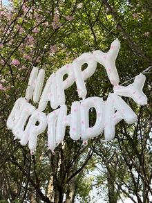 13/78 件白色“生日快乐”气球横幅配粉色小花瓣/黑色生日气球横幅无蝴蝶结，适用于生日派对装饰、房间装饰、拍照 - 白色生日搭配粉紅色小花朵 - 查看 5