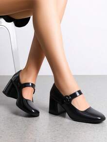 Chunky Heels For Women Block Heels Closed Toe Shoes Comfortable Dress Office Pumps - ĐEN-PAT - Xem 2