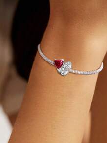 1 Pieza Anillo doble con forma de corazón de plata de ley 925 con circonitas a juego, adecuado para pulseras, brazaletes y decoración de joyería diaria para mujeres y niñas