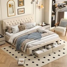 Cama con canapé 160*200 cm con cajones, amplio espacio de almacenaje, cama tapizada con cabecero, somier de láminas, cama adulto, cama juvenil, cama doble, terciopelo beige