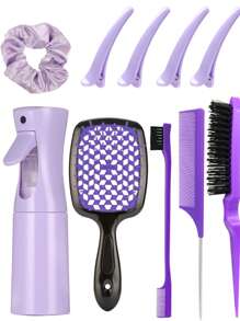1 pezzo/10 pezzi Set di pettini massaggianti quadrati cavi, incluso: 1 pezzo 200ml Bottiglia spray continuo, 3 pezzi Set spazzole per acconciature (Spazzola volumizzante per radici, Spazzola per sopracciglia, Spazzola per la linea dei capelli), 1 pezzo Ciambella per chignon grande, 4 pezzi molletta per frangia, adatto per salone, barbiere, casa e uso da viaggio, adatto per tutti i tipi e necessità di capelli, crea acconciature lisciate, accessori per capelli