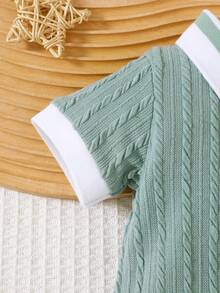 AfterClass 男婴熊刺绣短袖 Polo 领拼布针织连体衣，舒适可爱，适合春夏休闲外出，简约时尚短裤 - 綠色 - 查看 4