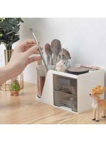 2-Drawer Rotating Desk Organizer, Pen Holder, Desktop Storage Rack And Shelves With 4 Compartments + Drawers, Suitable For Office, Home And Art Supplies