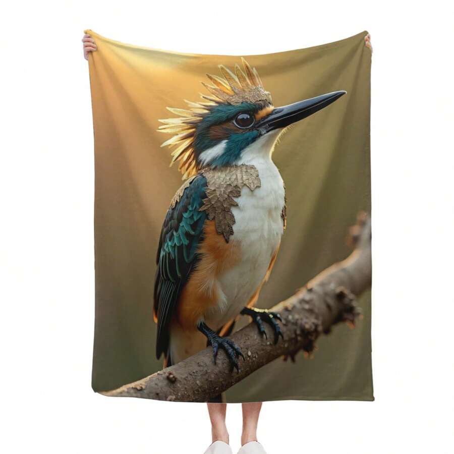 Kingfisher With Golden Crown, Bird On A Branch, Nature Wildlife, Home Use, Travel, Camping, Personalized Blanket A Perfect Gift For Family And Friends_00001_
