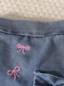 女童可爱蝴蝶结印花圆领上衣 + 时尚蝴蝶结刺绣裙裤 2 件套