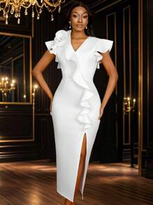 Vestido elegante de dama de honor para boda, fiesta o graduación, de longitud hasta el tobillo, con mangas cortas, volantes y detalles de flores 3D en color blanco