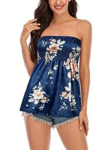 Women Tube Tops Solid Floral Leopard Print Sleeveless Tank Tops - Azul - Ver 3