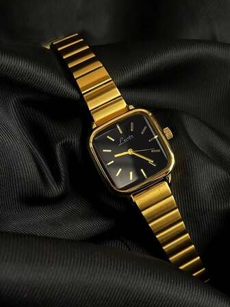 1 件女士复古简约优雅金色不锈钢表带石英表，方形表盘休闲时尚防水腕表，适合日常佩戴、派对和场合