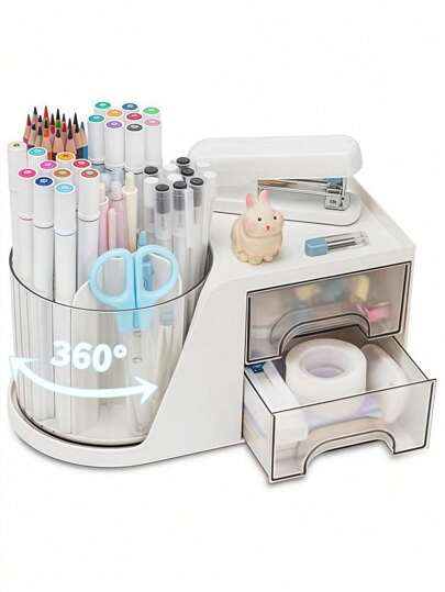 2-Drawer Rotating Desk Organizer, Pen Holder, Desktop Storage Rack And Shelves With 4 Compartments + Drawers, Suitable For Office, Home And Art Supplies