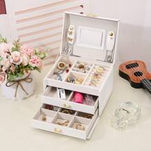 1pc Luxury Leather 3-Drawer Jewelry Box, Travel Carrying Jewelry Organizer For Earrings, Necklaces & Other Accessories With Lock