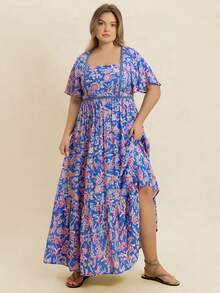 Váy nữ mùa hè họa tiết hoa xanh cổ vuông, phong cách Bohemian phù hợp cho trang phục đi biển Lễ Phục Sinh, lễ hội âm nhạc Hawaii, kỳ nghỉ nhiệt đới thanh lịch - Màu xanh lam - Xem 5