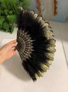 1pc Women's Feather Decor Chinese Style Folding Fan Without Tassel, Stage & Elegant Halloween