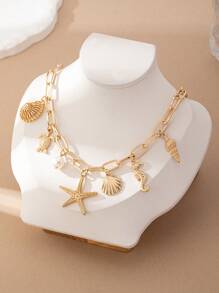 1pc Metallic Ocean Creature Pendant & Faux Pearl Chunky Chain Necklace, Suitable For Women Beach Vacation Outfit
