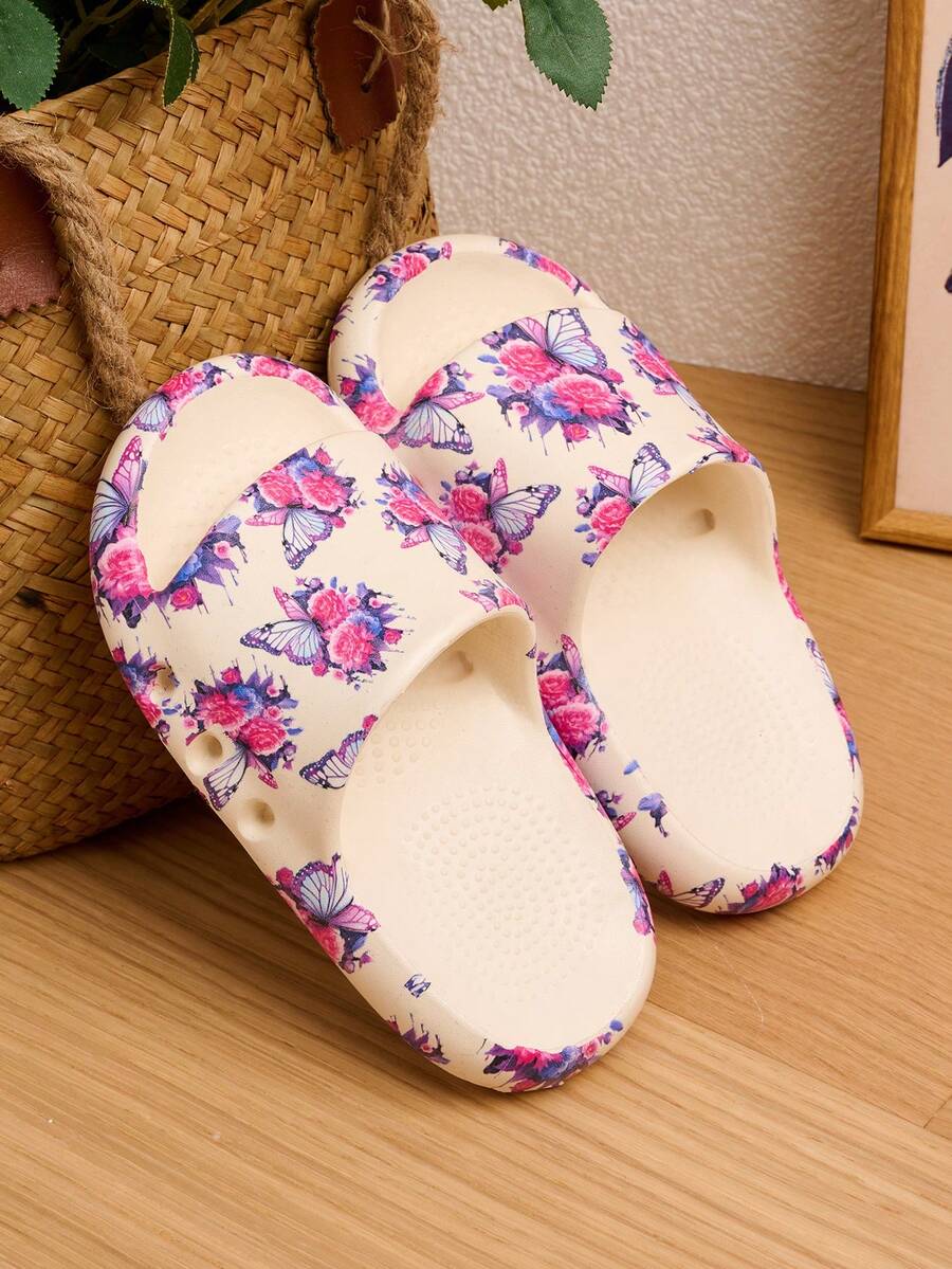 1 đôi dép lê đế xốp in hình bướm thời trang, thoải mái, nhẹ nhàng, mềm mại cho bé gái, thích hợp cho mùa xuân/hè. - Màu be - Xem 1