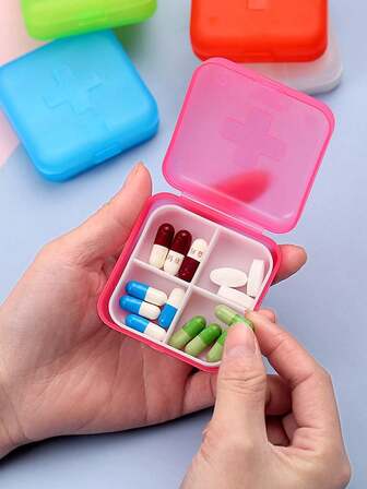 2 件创意旅行便携式密封药盒，塑料 4 隔间收纳盒，十字形 4 格药盒