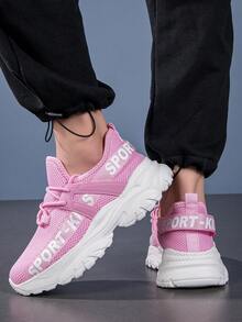 1 Par de Sapatos Esportivos Casuais Respiráveis com Malha e Antiderrapantes Confortáveis com Letras em Inglês para Crianças, Adequado para o Verão