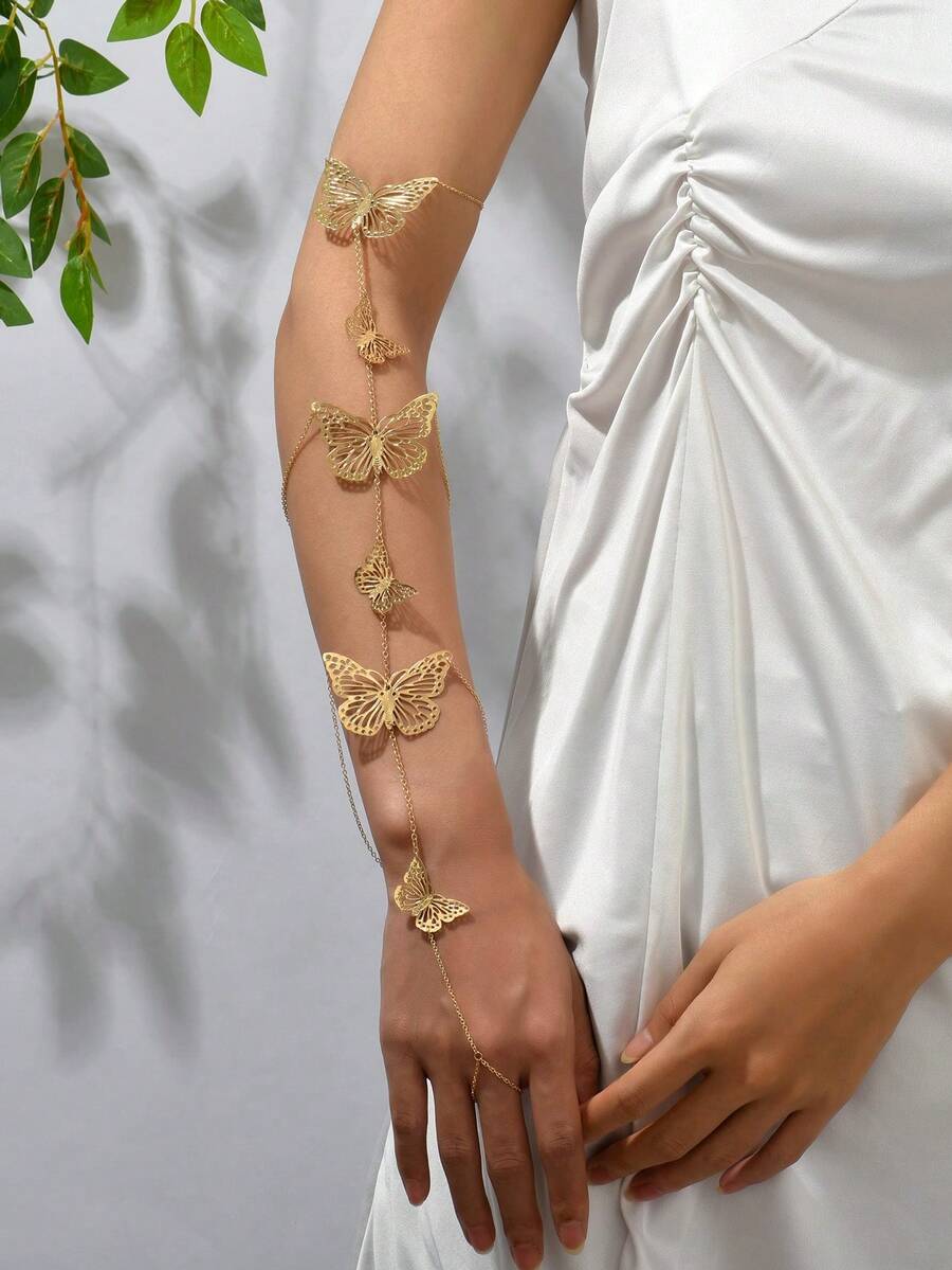 1 件春夏优雅女士臂链，时尚创意镂空金属蝴蝶链接手指臂带手链，适合日常、节日、婚礼、街头
