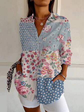 Damen Langarm Bluse, modischer Blume Muster, Frühling Sommer Neuzugang, Lässig Loose Fit Oberteil, bequem, locker geschnittenes Hemd, fließender, schicker Streetwear Stil