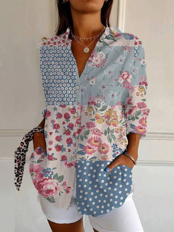 Chemisier à manches longues pour femme, imprimé floral mode, printemps-été, nouvelle collection, style casual ample, confortable et décontracté, chemise fluide et élégante, style streetwear