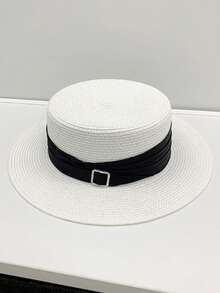 1pc Women Solid Color Flat Top Straw Hat, Vintage Versatile Casual Fashion Wide Brim Sun Hat, Beach Hat, Suitable For Spring/Summer, Beach, Vacation, Foldable Design, Matching For Dating, Hangout, Outdoor Activities - MZ2827 - View 5