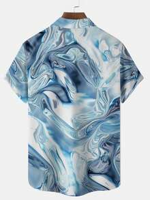Hawaiian Casual Abstract Gradient Print Button Pocket Short Sleeve Aloha Shirt For Men - Baby Blue - View 2
