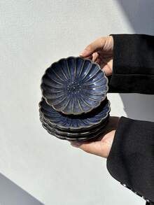 1/2/4 件日式复古蓝菊陶瓷调味盘，迷你花瓣形酱汁/沙拉/黄油/酱油/醋小盘子，适合家庭使用，学校用品