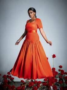 Damen Kleid mit quadratischem Ausschnitt und kurzen Ärmeln, eleganter fließender Stil - raffinierter Frühlings- und Sommerstil für Hochzeiten, Gartenpartys, formelle Anlässe, gehobene Abendessen, Partykleid, für Cocktails - Orange - Übersicht 6