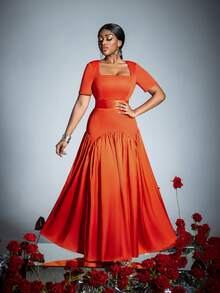 Damen Kleid mit quadratischem Ausschnitt und kurzen Ärmeln, eleganter fließender Stil - raffinierter Frühlings- und Sommerstil für Hochzeiten, Gartenpartys, formelle Anlässe, gehobene Abendessen, Partykleid, für Cocktails - Orange - Übersicht 1