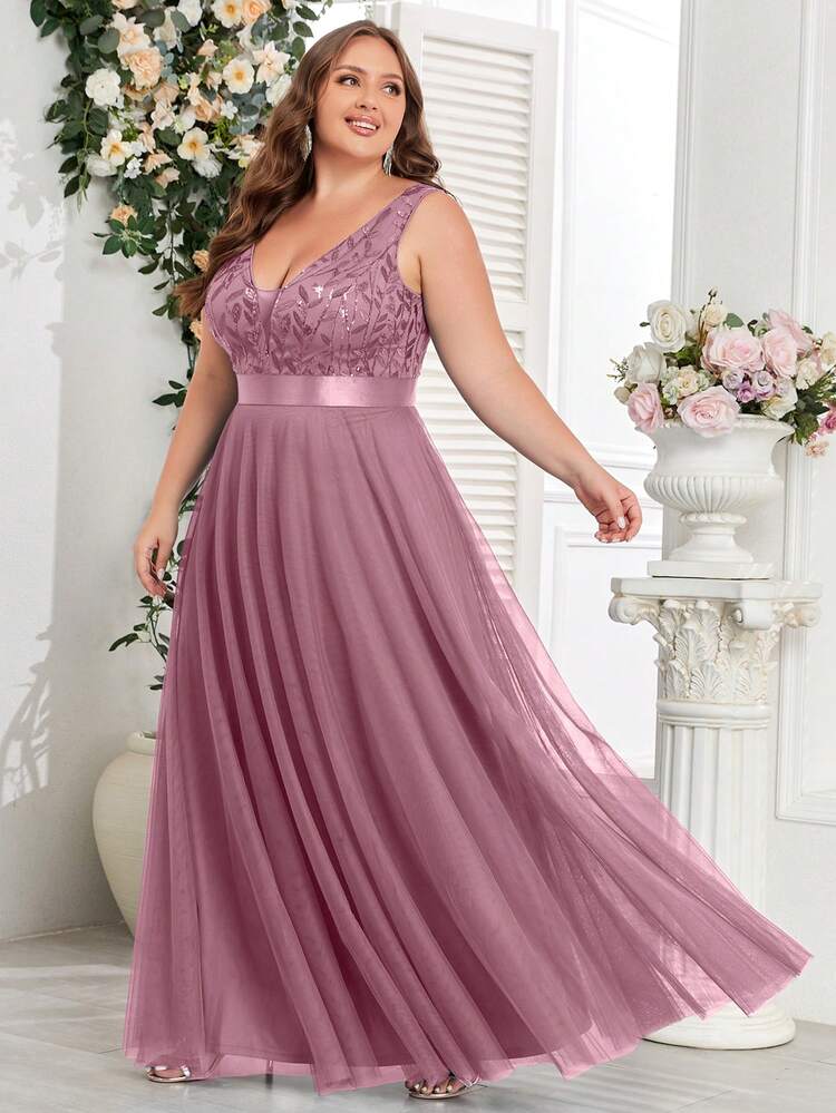 Vestido de dama de honor de línea A con escote en V sin mangas, bordado floral y lentejuelas de malla, talla grande, elegante vestido de fiesta, vestido de noche formal, vestido de invitada de boda para graduación primaveral - Rosa vieja - Añade 4