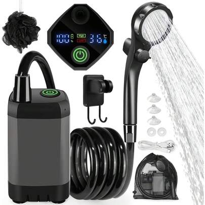 Camping Shower Portable Camping Shower With Pump And Temperature Display, Camping Shower Outdoor Set With Shower Head And 2 M Hose For Garden, Car Washing, Beach, Travel, Pet