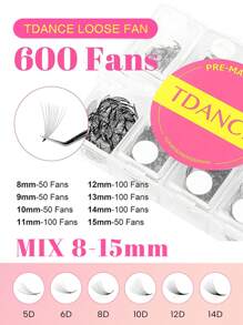 TDANCE 1 Caixa TDANCE com 600 Leques C/D Pré-montados, Extensões de Cílios 5D/6D/8D/10D/12D/14D de 8-15mm Comprimento Misto, Leques Soltos Pré-montados Volume Base Pontuda Extensão de Cílios Volume Profissional Feito à Mão Macios 0,05mm/0,07mm