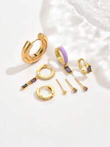 8pcs/Set Elegant Zirconia Pendant Earrings Minimalist Charm Jewelry Set, Suitable For Women's Date, Party, And Daily Wear - Yellow Gold - View 2