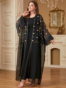 女士时尚吊带连衣裙和和服两件套，金属圆点印花，蝙蝠袖，黑色端庄长袍 - 黑色 - 查看 1