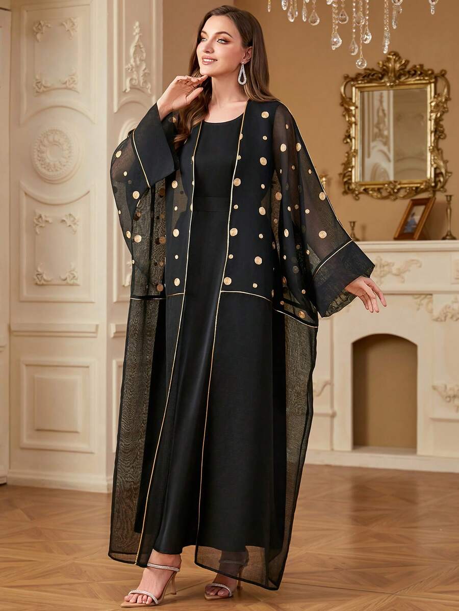 女士时尚吊带连衣裙和和服两件套，金属圆点印花，蝙蝠袖，黑色端庄长袍 - 黑色 - 查看 1