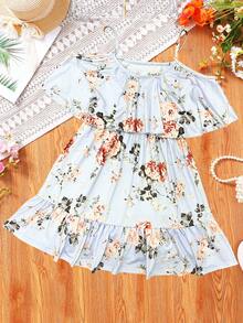Kilottor Tween Girls' Floral Print Off-Shoulder Ruffle Hem Dress, Spring/Summer - Blue - View 2