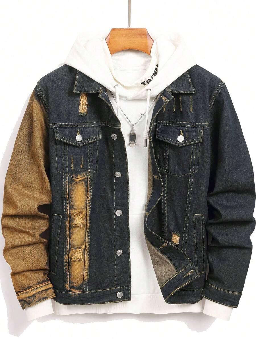 Men's Slim Fit Ripped Denim Jacket, Casual Youth Korean Fashion Denim Outerwear - Medium Wash - View 1