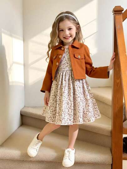 Set de chaqueta corta con botones y camisa de manga larga de unicolor casual para niñas jóvenes y vestido con estampado floral completo, adecuado para actividades al aire libre, viajes, uso diario, vacaciones y fiestas de primavera/verano, 2 piezas