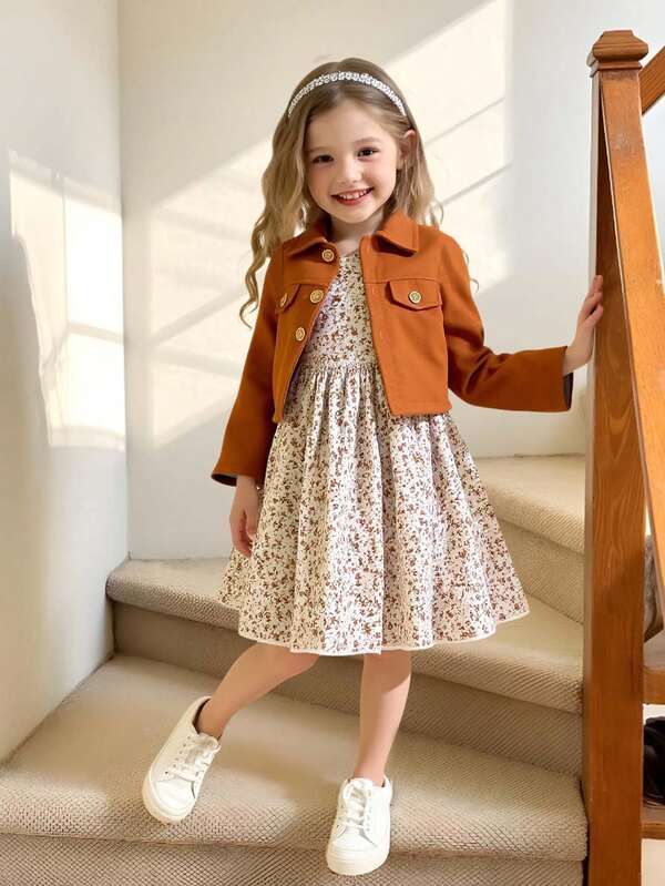 Set de chaqueta corta con botones y camisa de manga larga de unicolor casual para niñas jóvenes y vestido con estampado floral completo, adecuado para actividades al aire libre, viajes, uso diario, vacaciones y fiestas de primavera/verano, 2 piezas