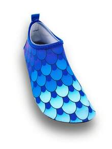 Kids Outdoor Beach Shoes, Boys And Girls Blue Fish Scale Soft Bottom Lightweight Breathable Ocean, Sea, Swimming, Wading Elastic Socks Shoes