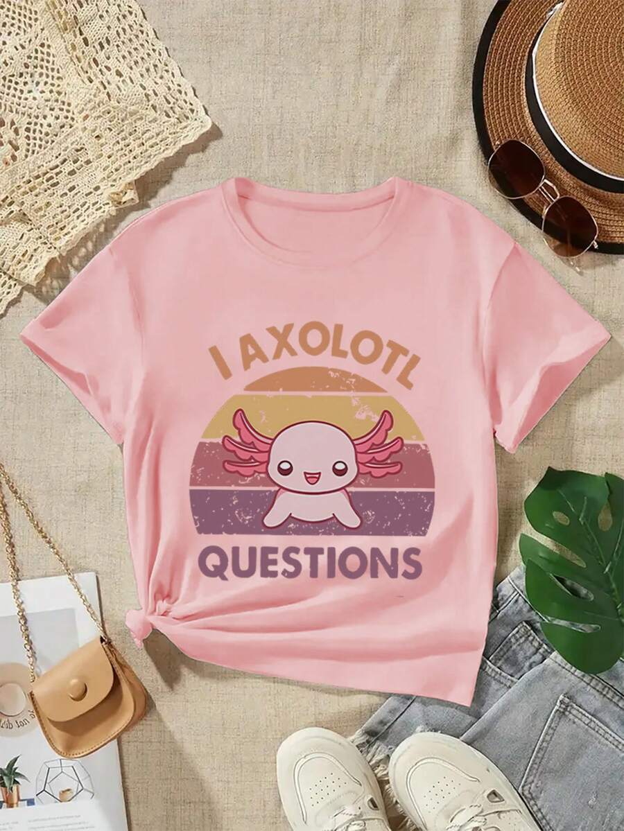 Tween Girl Casual Graphic Print Round Neck Short Sleeve T-Shirt For Summer - Pink - View 1