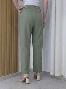 Women's Refreshing Plain Tailored Trousers With Button - Maxma 6631 - Green - View 4