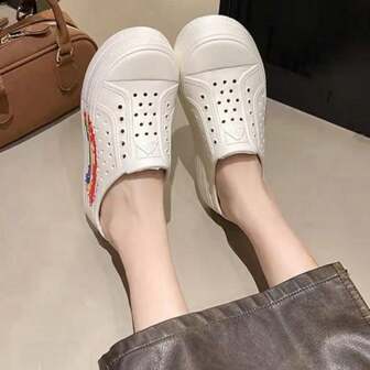 Summer Women Hollow Out Slip-On Sandals, Fashionable Casual White Platform Wedge Breathable Slides