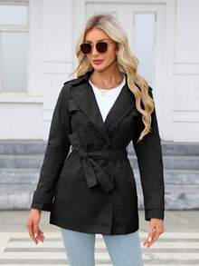 Risissida Women's Double-Breasted Trench Coat, Suitable For Commuting & Casual Wear, Solid Color Design, Fashion & Versatile For Spring & Autumn - Black - View 6